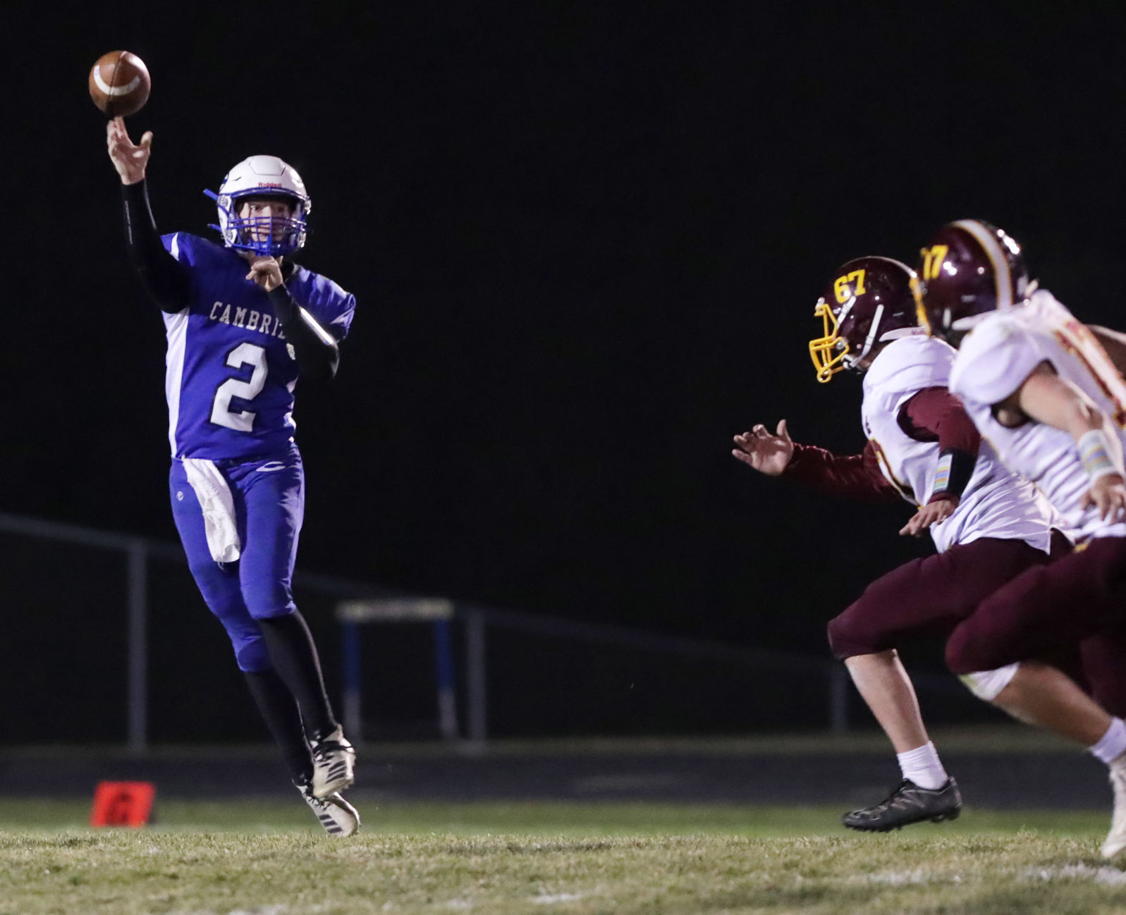 Prep football photo: Cambridge's Ezra Stein throws in first meeting with Waterloo